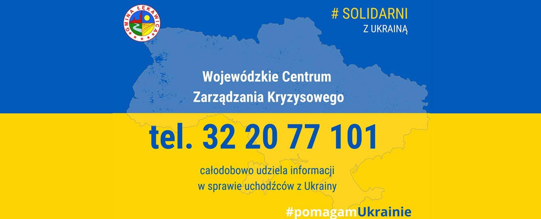 Infolinia: 32 20 77 101 w sprawie ukraińskich uchodźców na tle ukraińskiej flagi